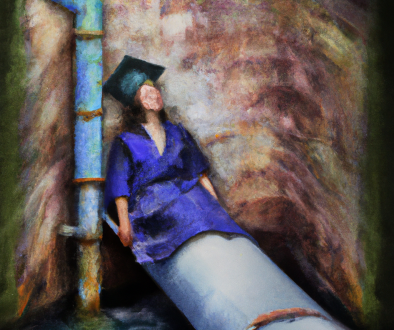 female academic wearing mortar board and pyjamas in a tin bath boat floating down a sewer pipe as oil painting